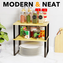 Load image into Gallery viewer, SpaceAid Cabinet Shelf Organizers 2 Pack, Kitchen Counter Rack Shelves Riser, Stackable Expandable Spice Rack, Pantry Cupboard Storage Organization (Black and Natural, Short)