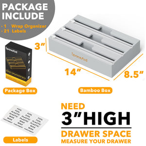 SpaceAid WrapNeat 3 in 1 Wrap Organizer with Cutter and Labels, Plastic Wrap, Aluminum Foil and Wax Bamboo Dispenser for Kitchen Storage Organization Holder for 12" Roll (Natural)