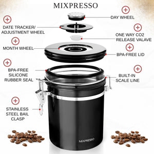 Mixpresso Green Coffee Canister, 16oz Airtight Stainless Steel Kitchen Food Storage Container with Clear Lid and Spoon. for Grounds Coffee, Beans, Tea, Flour, Cereal, Vacuum Sealed Sugar Container