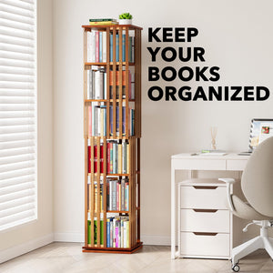 SpaceAid 6 Tier Rotating Bookshelf Tower, Bamboo Spinning Book Shelf, Revolving 360 Bookcase Storage Swivel Round Carousel, Vertical Rotate Turning Spiral Corner Organizer (6-Tier Walnut)