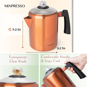 Mixpresso Stainless Steel Stovetop Coffee Percolator, 52 oz Classic Percolator Coffee Pot, Excellent As Camping Pot, 12 Cup Stainless Steel Camping Coffee Makers, Cool-Touch Handle.