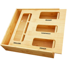 Load image into Gallery viewer, SpaceAid Bag Storage Organizer for Kitchen Drawer, Bamboo Organizer, Compatible with Gallon, Quart, Sandwich and Snack Variety Size Bag (1 Box 4 Slots)