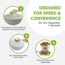 Load image into Gallery viewer, Brieftons 6.2-Quart Large Salad Spinner: Vegetable Washer Dryer Drainer Strainer with Bowl &amp; Colander, Easy One-Handed Pump, Compact Storage, for Washing, Cleaning &amp; Drying Greens, Vegetables, Fruits