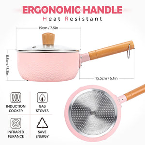 Sauce pan with Lid, 2.1 Quart Nonstick Small Pot, Induction Compatible Aluminum Cooking Pot with Silicone Spatula for Milk, Soup, Pasta, Egg, Rice (PINK)