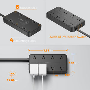 Power Strip Surge Protector, TESSAN Flat Plug Extension Cord with 8 Outlets 3 USB Charger(1 USB C), 1080 Joules Protection, Wall Mountable Charging Station for Home Office School Dorm Room Essentials
