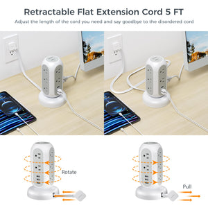 Tower Power Strip Flat Plug with 11 Outlets 3 USB (1 USB C), TESSAN Surge Protector Tower 1625W/13A,1050J Protection, 6 Feet Extension Cord with Multiple Outlets, Office Desk Supplies, Dorm Essentials