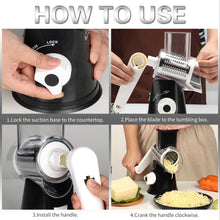 Load image into Gallery viewer, Rotary Cheese Grater Hand Crank Cheese Shredder for Fresh Cheese, Vegetable, Nuts,Non-slip Suction Base, Free Cleaning Brush Three Blades, Black