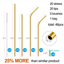 Load image into Gallery viewer, 20 Pack Reusable Stainless Steel Metal Straws,10.5&quot; &amp; 8.5&quot; Reusable Drinking Straws with 20 Silicone Tips 5 Straw Brushes 1 Travel Case,Eco Friendly Extra Long Metal Straw Fit for 20 24 30 oz Tumbler