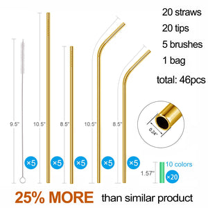 20 Pack Reusable Stainless Steel Metal Straws,10.5" & 8.5" Reusable Drinking Straws with 20 Silicone Tips 5 Straw Brushes 1 Travel Case,Eco Friendly Extra Long Metal Straw Fit for 20 24 30 oz Tumbler