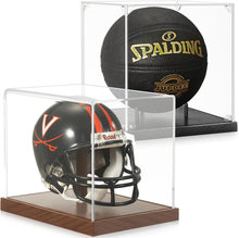 Load image into Gallery viewer, JupDec Basketball Helmet &amp; Mini Helmet Display Case, Large Clear Acrylic Shadow Box with UV Protection Wooden Showcase,Idea Gift for Sports Fans