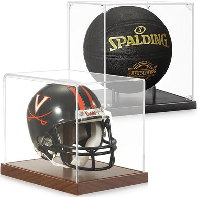 JupDec Basketball Helmet & Mini Helmet Display Case, Large Clear Acrylic Shadow Box with UV Protection Wooden Showcase,Idea Gift for Sports Fans