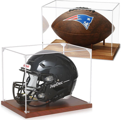 JupDec Football & Full Size Helmet Display Case, Large Clear Acrylic Shadow Box with UV Protection Wooden Showcase,Idea Gift for Sports Fans