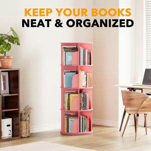 SpaceAid 4 Tier Rotating Bookshelf Tower, Spinning Bookcase Lazy Susan, Revolving 360 Book Shelf Storage Round Carousel, Vertical Rotate Turning Spiral Corner Organizer, White