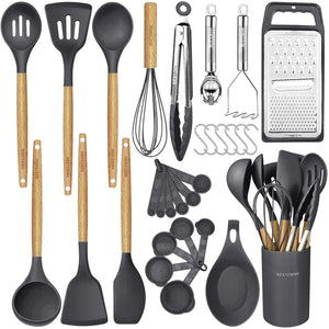 Kitchen Cooking Utensils Set,29 pcs Non-Stick Silicone Cooking Kitchen Utensils Set with Holder, Wooden Handle Silicone Kitchen Gadgets Utensil Set Spatula Turner Spoon Tongs Whisk (White)