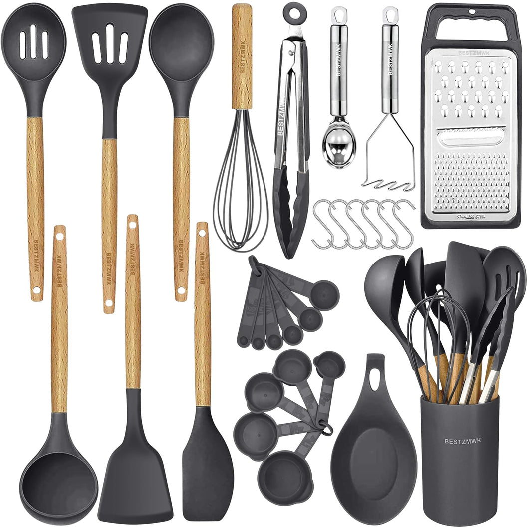 Kitchen Cooking Utensils Set,29 pcs Non-Stick Silicone Cooking Kitchen Utensils Set with Holder, Wooden Handle Silicone Kitchen Gadgets Utensil Set Spatula Turner Spoon Tongs Whisk (White)