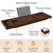 Load image into Gallery viewer, Bathtub Tray Caddy - Premium Bamboo Expandable Bath Tub Tray Table, Luxurious Wooden Bath Caddy for Books, Tablets, Wine, Bathroom Accessories, Spa Essentials, Housewarming, Wedding