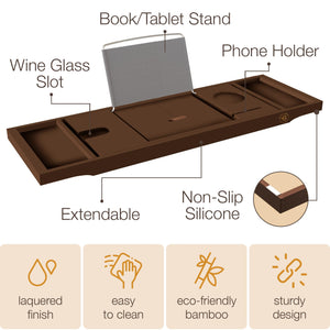 Bathtub Tray Caddy - Premium Bamboo Expandable Bath Tub Tray Table, Luxurious Wooden Bath Caddy for Books, Tablets, Wine, Bathroom Accessories, Spa Essentials, Housewarming, Wedding