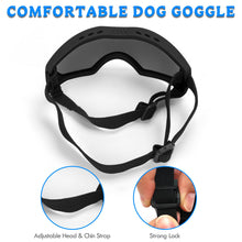 Load image into Gallery viewer, Dog Sunglasses Dog Goggles Pet Glasses Pet Eyewear with Adjustable Strap, Glasses for Medium Large Dog Swimming Skating Glasses UV Proof Windproof Dustproof (Black Frame + Gray Lens)