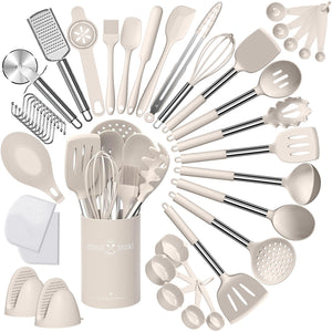 Umite Chef Silicone Kitchen Cooking Utensil Set, 43 pcs Spatula Set with Stainless Steel Handle, Non-stick Heat Resistant - Best Cookware Set-(Khaki)