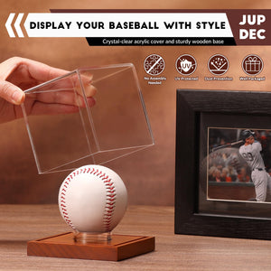JupDec Baseball Display Case - Clear Cube Baseball Holder with Wooden Base, Autograph Stand Box for Single Ball, Acacia Wood, Brown, 1 Pack
