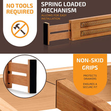 Load image into Gallery viewer, Large Kitchen Drawer Organizer - Expandable Bamboo Drawer Dividers (17&quot; - 21.5&quot;) - Adjustable Separators for Kitchen, Clothes, Dresser, Bedroom, Bathroom, and Desk Drawers - 6 Pack