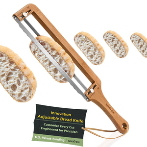 Adjustable Bread Slicer for Homemade Bread – Sourdough Bread Knife with Thickness Guide & Serrated Stainless Blade, Manual Bow Cutter for Bagels and Baguettes, Gift for Baker, Ambidextrous Use