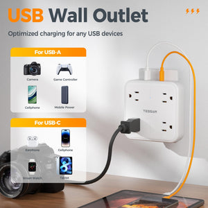 Multi Plug Outlet Extender, TESSAN Surge Protector Splitter with 3 USB (1 USB C Port) Wall Charger, Multiple Expander for Travel, Home, College Dorm Room