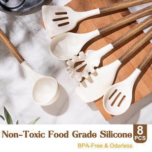 Silicone Cooking Utensil Set, Umite Chef 8-Piece Kitchen Utensils Set with Natural Acacia Wooden Handles,Food-Grade-Silicone Kitchen Gadgets Spatulas Set for Nonstick Cookware- Black