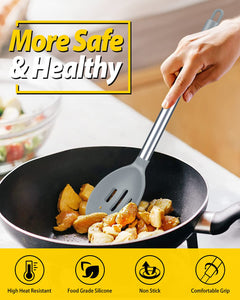 Pack of 2 Large Silicone Cooking Spoons,Non Stick Solid Basting Spoon,Heat-Resistant Kitchen Utensils for Mixing,Serving,Draining,Stirring (BLACK)