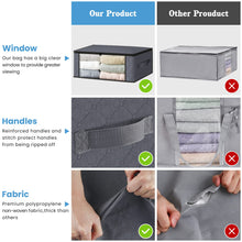 Load image into Gallery viewer, HomeHacks Storage 3-Pack Clothes Organizer Storage Bags Foldable Storage Box with Large Clear Window Sturdy Handles for Closet, Dorm, Pillows, Bedding, Clothes, Blankets, 35L, Gray