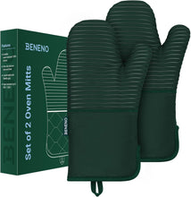 Load image into Gallery viewer, Beneno Non-Slip Silicone Textured Cotton Oven Mitts, Heat Resistant up to 500° F, Flexible Grip with 14.3&quot;x7&quot; Longer Protection, Durable 100% Cotton Oven Mitts for Kitchen &amp; Barbecue, 2-Pack, Green