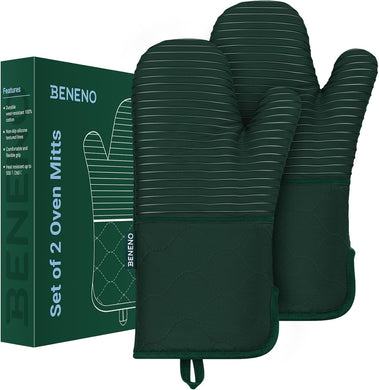 Beneno Non-Slip Silicone Textured Cotton Oven Mitts, Heat Resistant up to 500° F, Flexible Grip with 14.3