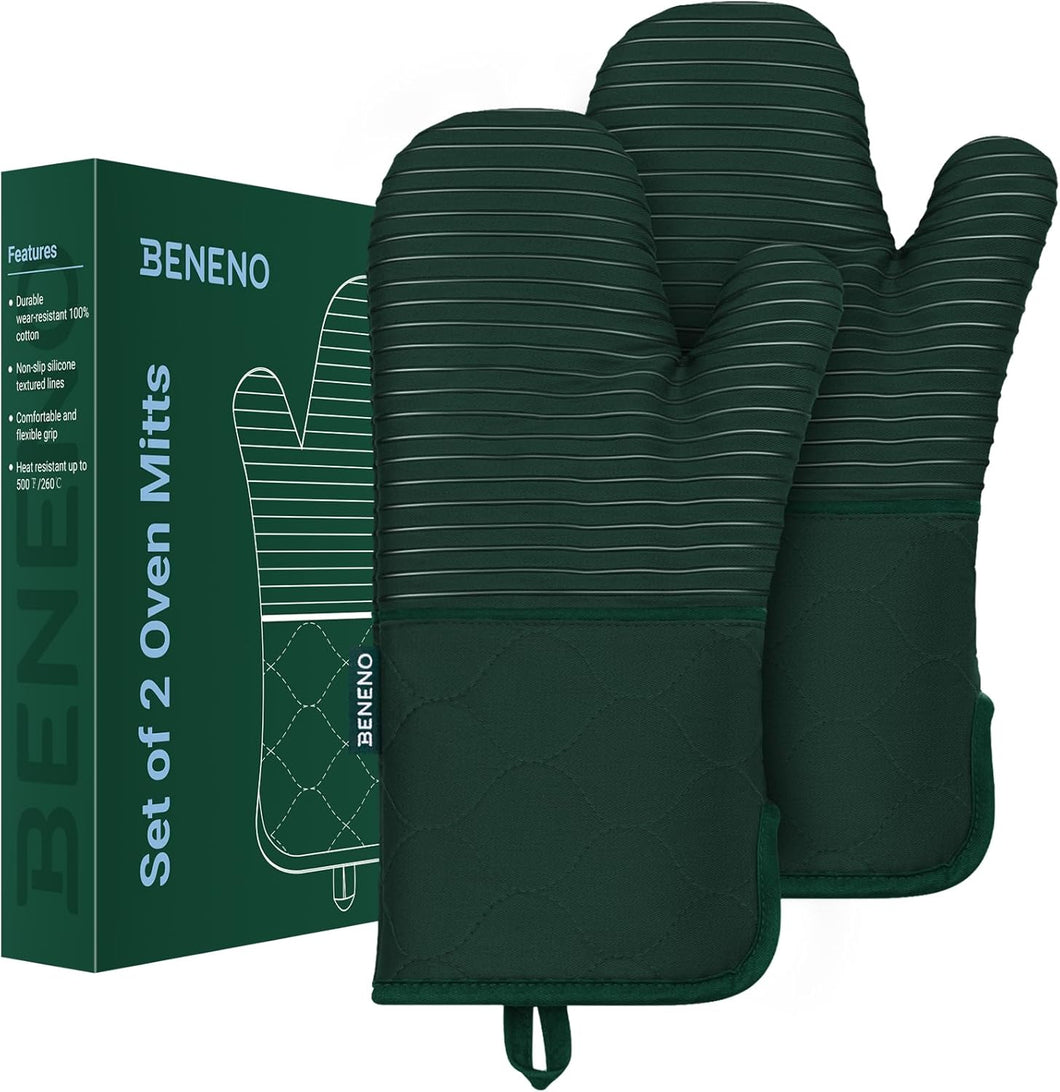Beneno Non-Slip Silicone Textured Cotton Oven Mitts, Heat Resistant up to 500° F, Flexible Grip with 14.3