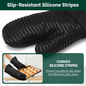 Beneno Non-Slip Silicone Textured Cotton Oven Mitts, Heat Resistant up to 500° F, Flexible Grip with 14.3"x7" Longer Protection, Durable 100% Cotton Oven Mitts for Kitchen & Barbecue, 2-Pack, Black