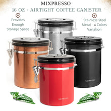 Load image into Gallery viewer, Mixpresso Green Coffee Canister, 16oz Airtight Stainless Steel Kitchen Food Storage Container with Clear Lid and Spoon. for Grounds Coffee, Beans, Tea, Flour, Cereal, Vacuum Sealed Sugar Container