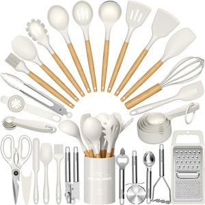 Umite Chef Silicone Kitchen Utensil Set, 34PCS Heat Resistant Kitchen Gadgets and Tools With Grater, Wood Handles for Nonstick Cookware