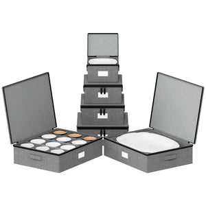 SpaceAid China Storage Containers 6 Pack, Stackable Hard Shell Quilted Cases with Soft Plate Separators, Moving Supplies Packing Boxes for Dishes, Plates, Platters, Mugs, Cups (Grey)