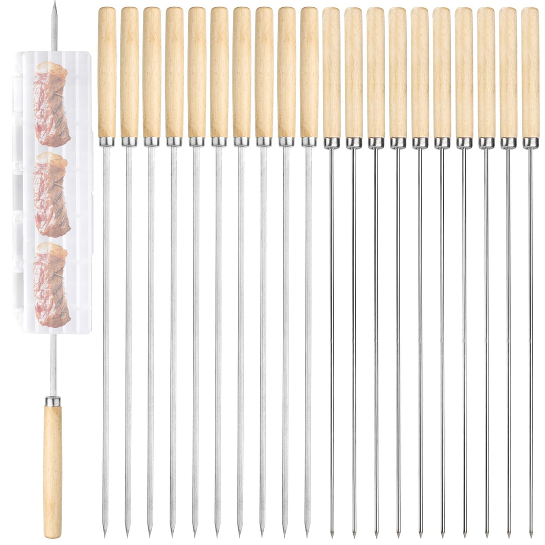 20 Pack Kebab Skewers Grill Skewers Stainless Steel BBQ Barbecue Sticks Flat Skewer Heavy Duty Large Wide Reusable with Wooden Handle for Kabob Shrimp Chicken Beef Vegetable