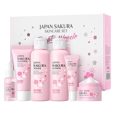 Skin Care Set JAPAN SAKURA Beauty Gift Sets Skin Care Kit with Cleanser, Toner, Lotion, Serum, Eye Cream, Face Cream, Make up Primer Travel Kit for Women Wife Mom 7pcs