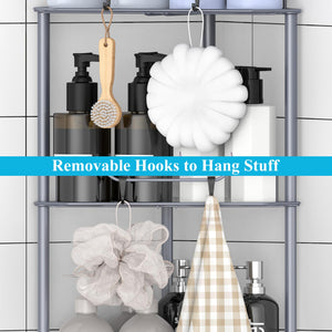 4 Tier Floor Standing Corner Shower Caddy Organizer Shelf with Hooks, Bathroom Shelves Stand Rack, Black
