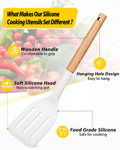 Pack of 4 Silicone Cooking Utensils Set, Non Stick Solid Spatulas and Heat Resistant Slotted Spoons with Wooden Handle, Ideal Wood Kitchen Utensils Set for Frying,Serving,Turning,Stirring (KHAKI)