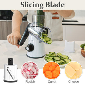 Rotary Cheese Grater Hand Crank Cheese Shredder for Fresh Cheese, Vegetable, Nuts,Non-slip Suction Base, Free Cleaning Brush Three Blades, Black