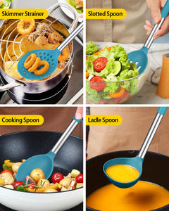 Silicone Cooking Utensil Set, 8Pcs Non-stick Cookware with Stainless Steel Handle, BPA Free Heat Resistant Kitchen Tools with Spatulas, Turners, Spoons, Skimmer and Pasta Fork