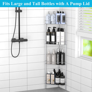 4 Tier Floor Standing Corner Shower Caddy Organizer Shelf with Hooks, Bathroom Shelves Stand Rack, Black