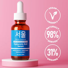 Load image into Gallery viewer, SeoulCeuticals Korean Hyaluronic Acid Serum For Face - High Molecular Weight &amp; Low Molecular Weight Hyaluronic Acid - Centella Serum + Propolis. 1oz