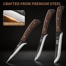 Load image into Gallery viewer, Butcher Knife Set, Hand Forged Butcher Chef Knife Set with Roll Bag, Sharp Meat Cleaver Knife &amp; Bone Chopper Knives &amp; Fillet Knives for Home &amp; Camping &amp; BBQ Gift for Men