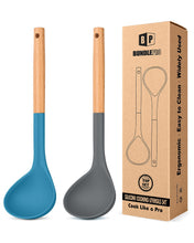 Load image into Gallery viewer, Pack of 2 Soup Ladle, Silicone Ladle Spoon with Wooden Handle, Large Non Stick High Heat Resistant Kitchen Utensils for Cooking, Stirring, Serving Soups(GRAY-BLUE)