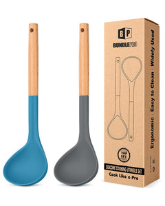 Pack of 2 Soup Ladle, Silicone Ladle Spoon with Wooden Handle, Large Non Stick High Heat Resistant Kitchen Utensils for Cooking, Stirring, Serving Soups(GRAY-BLUE)