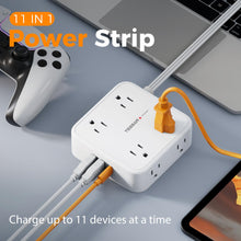 Load image into Gallery viewer, Surge Protector Flat Extension Cord Flat Plug Power Strip, 8 AC Outlets, 3 USB Charger(1 USB C Port) 3-Sided Outlet Extender, 5 Ft, 900 Joules Protection, Office Supplies, Dorm Room Essentials, Grey