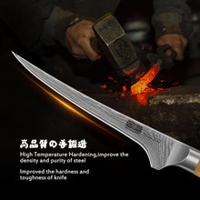 Load image into Gallery viewer, 7 Inch Damascus Fillet Knife, Professional VG-10 Super Steel Japanese Boning Knife, Ultra Sharp Fish Knife with Ergonomic Olive Wood Handle